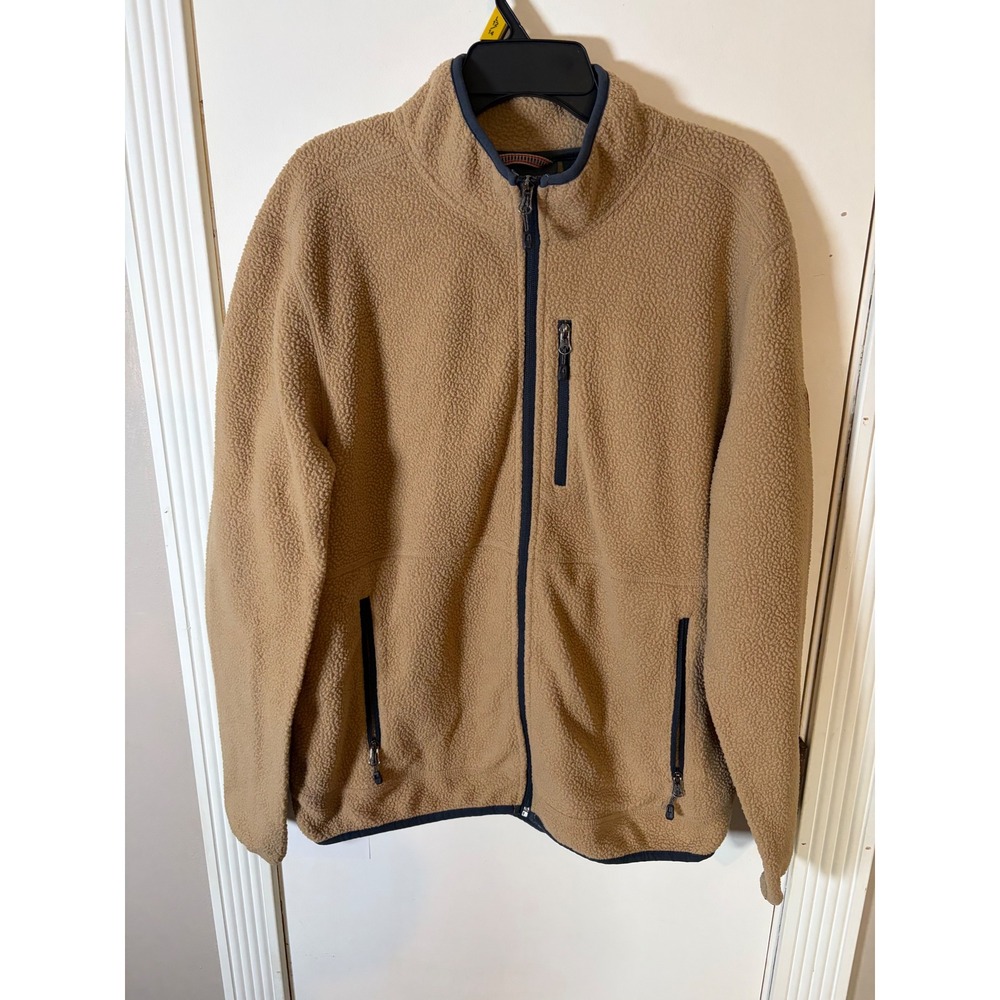 Free Country Mens Sherpa Fleece Full Zip Jacket Tan Brown Navy Trim Pockets L
